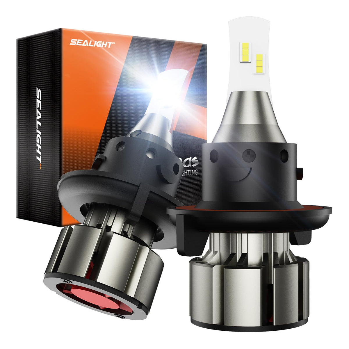 SEALIGHT front view of H13 bulbs showing plug-and-play design and clear benefit