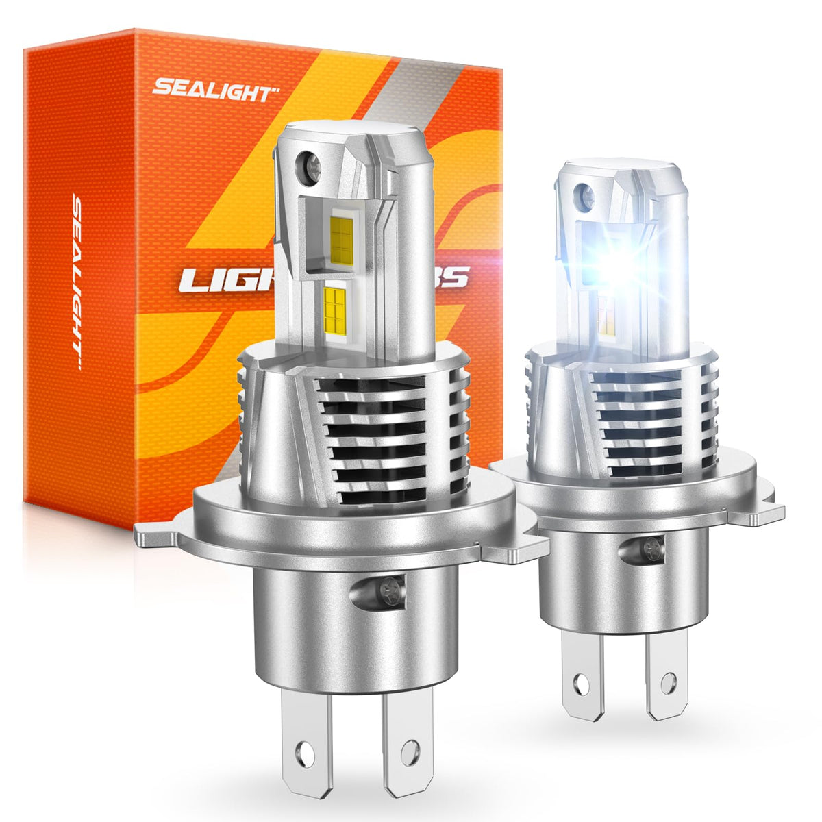SEALIGHT front view of H4/9003 twin bulb pack showing packaging and contents benefit clear upgrade