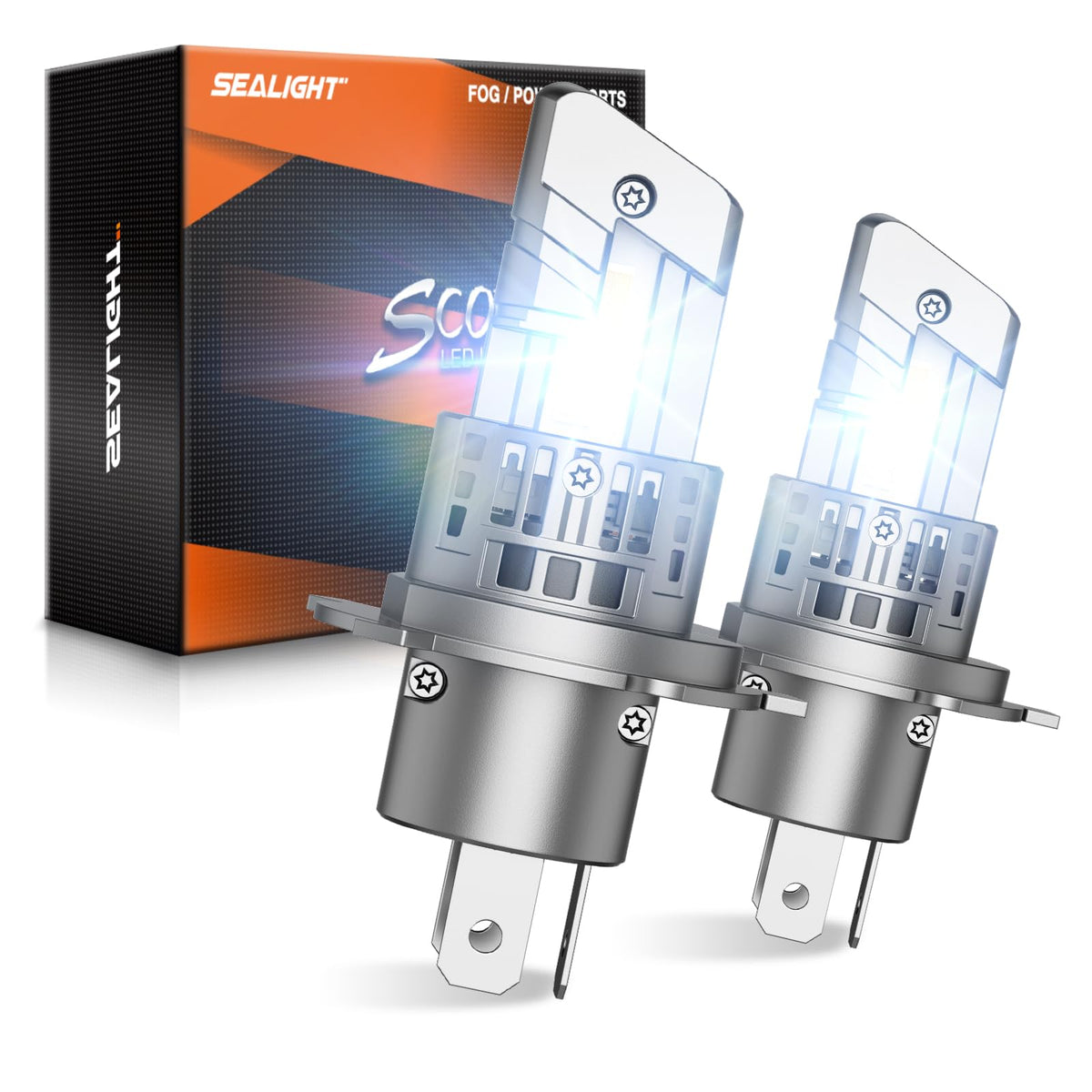 SEALIGHT front view of H4 bulb pair showing plug-and-play fit and immediate brightness