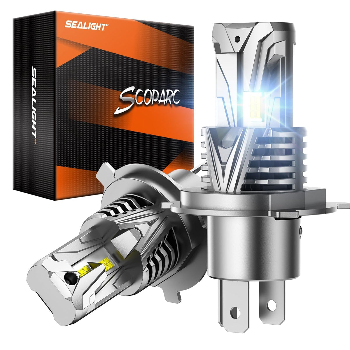 SEALIGHT H4 front view showing both bulbs and easy plug-and-play benefit