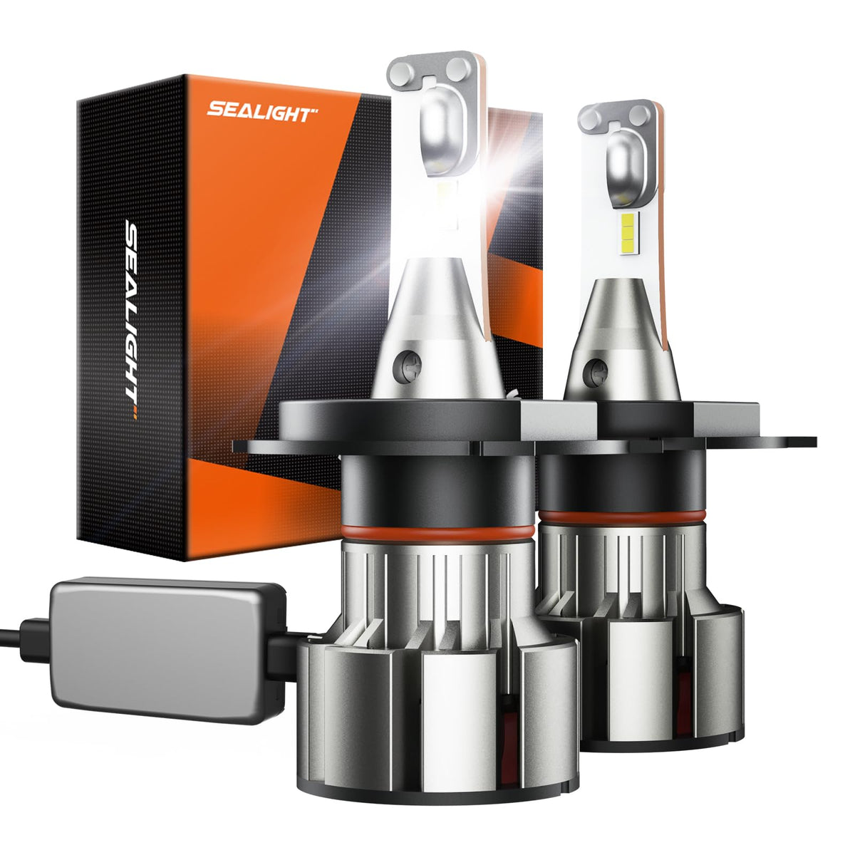 SEALIGHT front view of two H4 LED bulbs showing plug-and-play fit and bright finish