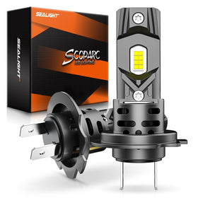 SEALIGHT H7 front view showing dual bulbs and mounting, highlights quick install benefits