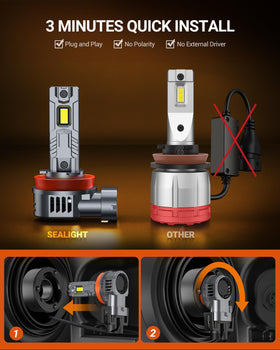 SEALIGHT bulb installed in vehicle headlight showing improved road illumination
