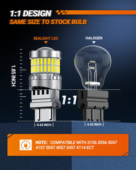 SEALIGHT beside halogen bulb size comparison illustrating compact, brighter upgrade