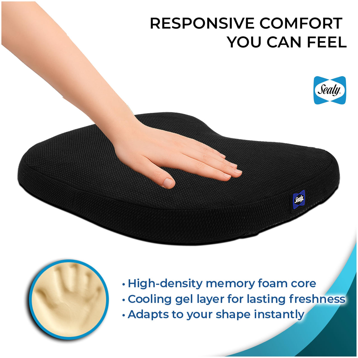 Sealy cushion in car seat offering portable tailbone support during drives