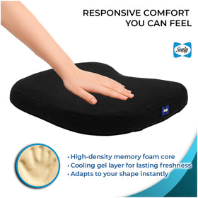 Sealy cushion in car seat offering portable tailbone support during drives
