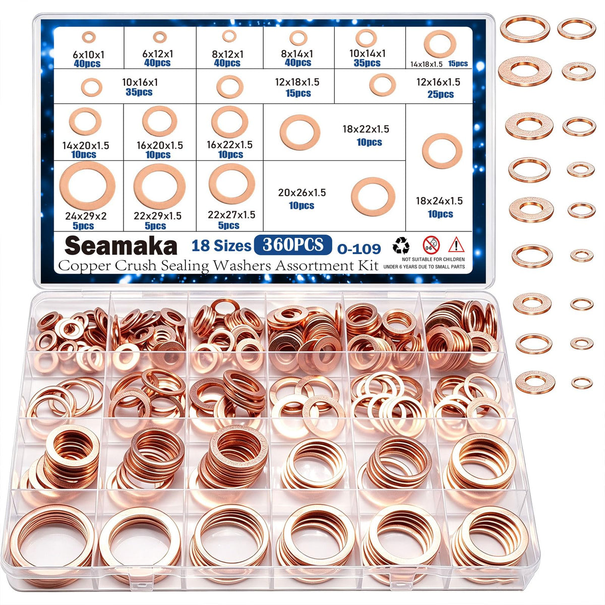 Seamaka boxed kit front view showing organized copper washers and labels for fast selection