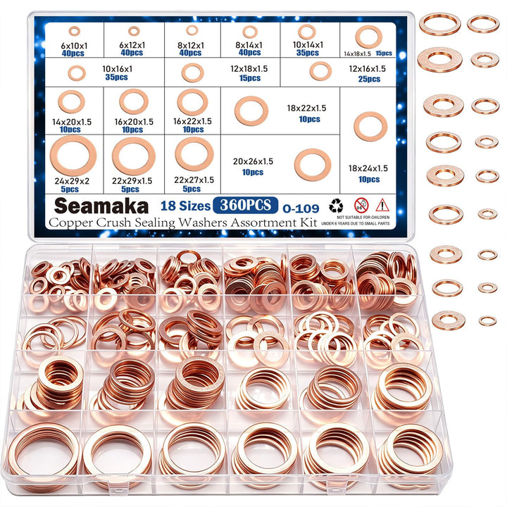 Seamaka boxed kit front view showing organized copper washers and labels for fast selection
