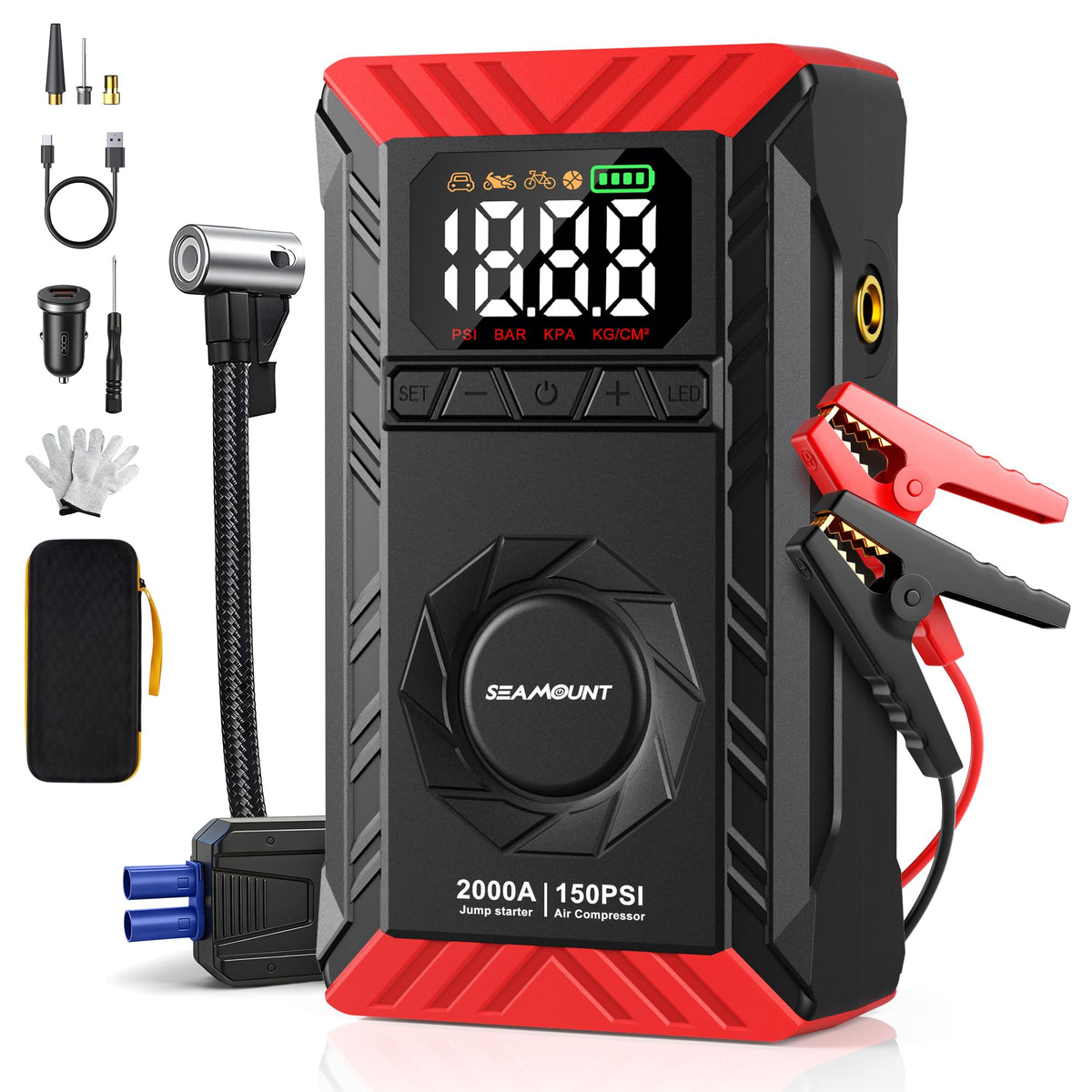SEAMOUNT front packaging showing jump starter and branding with compact convenience