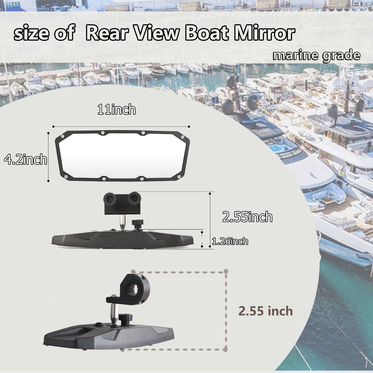 Searoam mirror angled for watersports use helping monitor skier and reduce blind spots