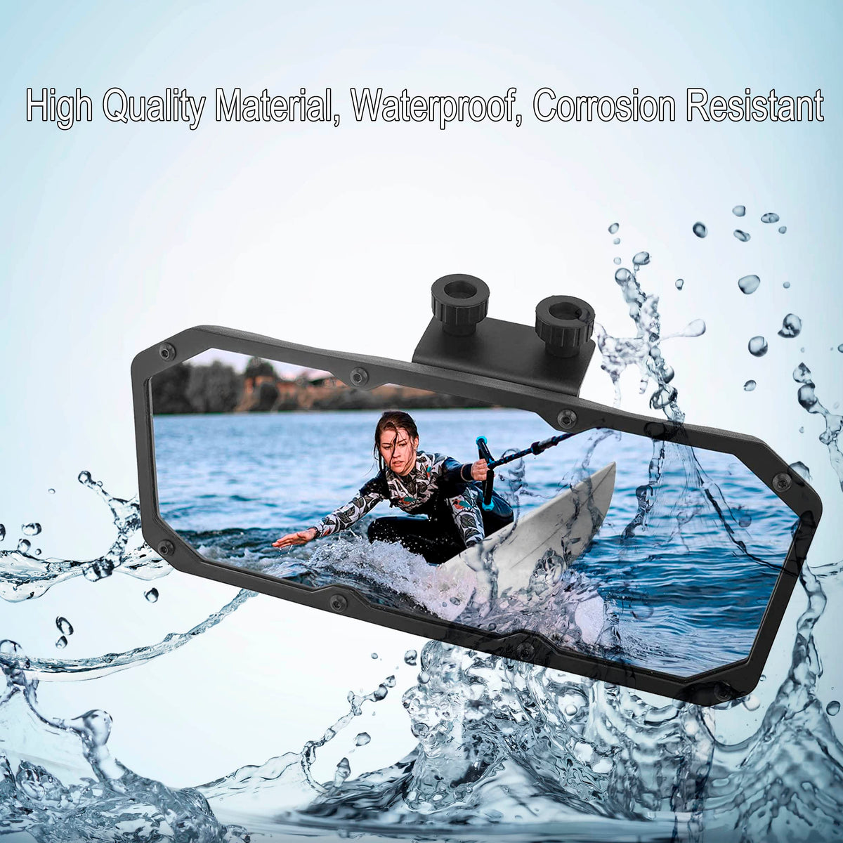 Searoam mirror held in hand for size comparison showing compact, easy-to-install design