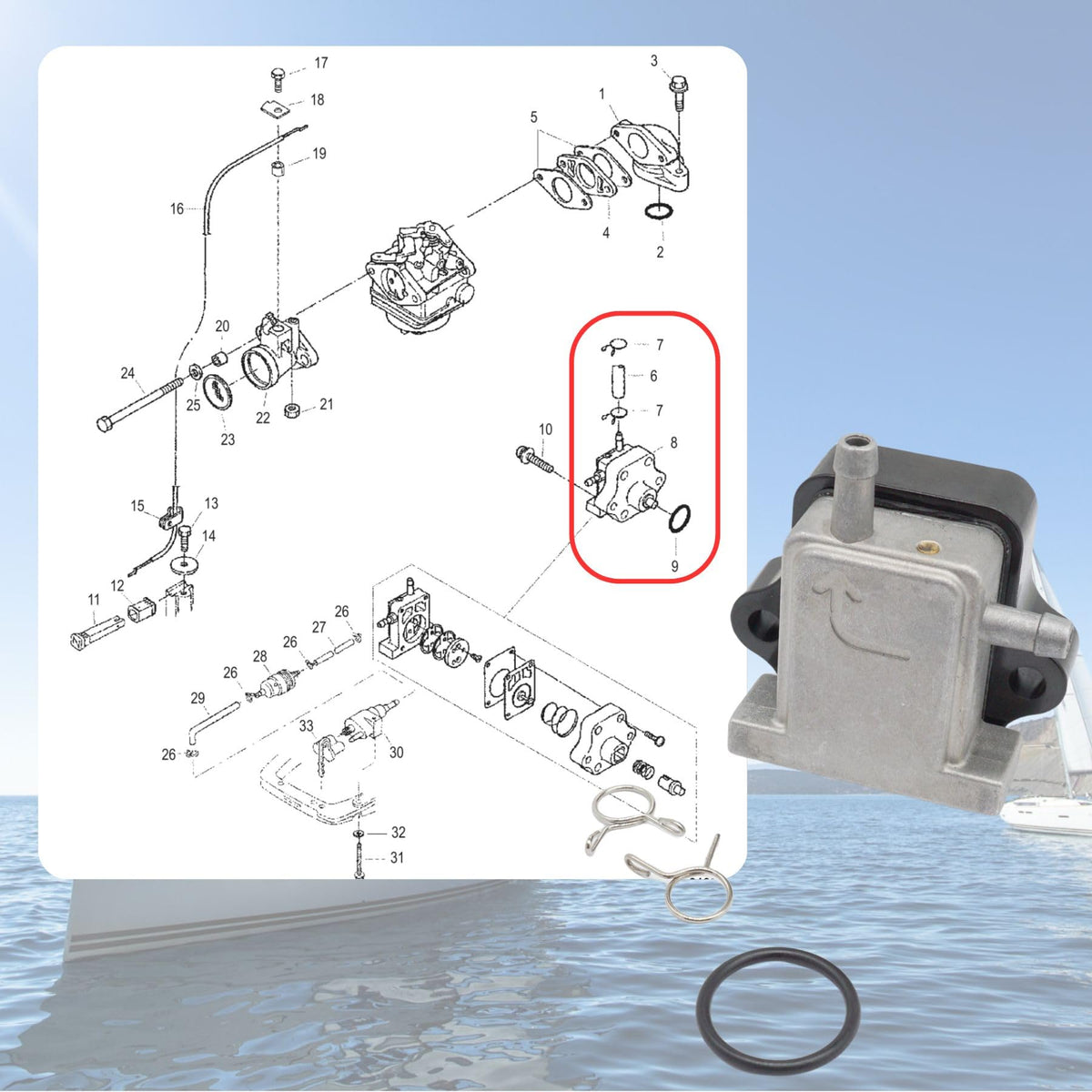 SeaSierra fuel pump held in hand demonstrating compact size and scale