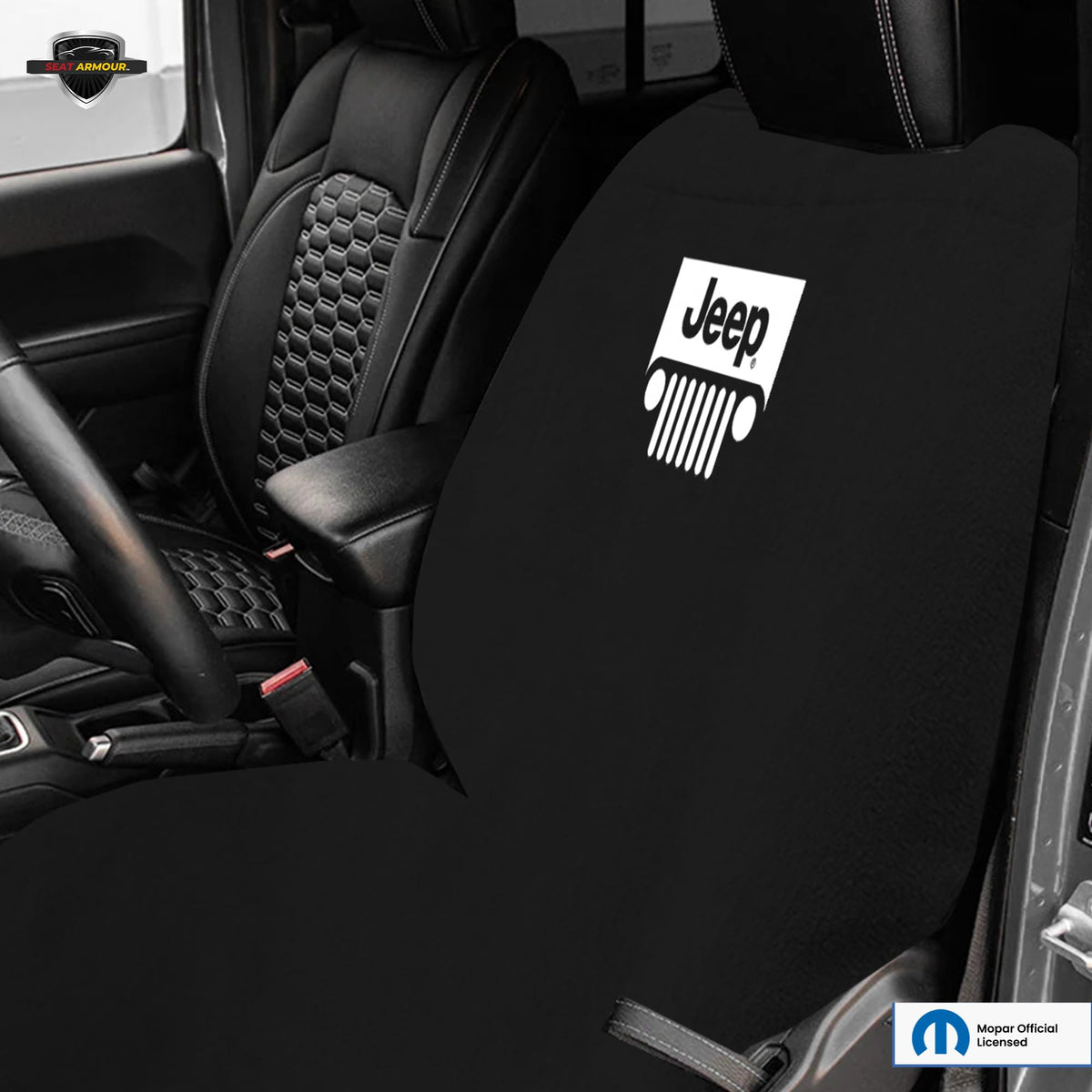 Seat Armour grille logo label detail showing branded style and durable stitching