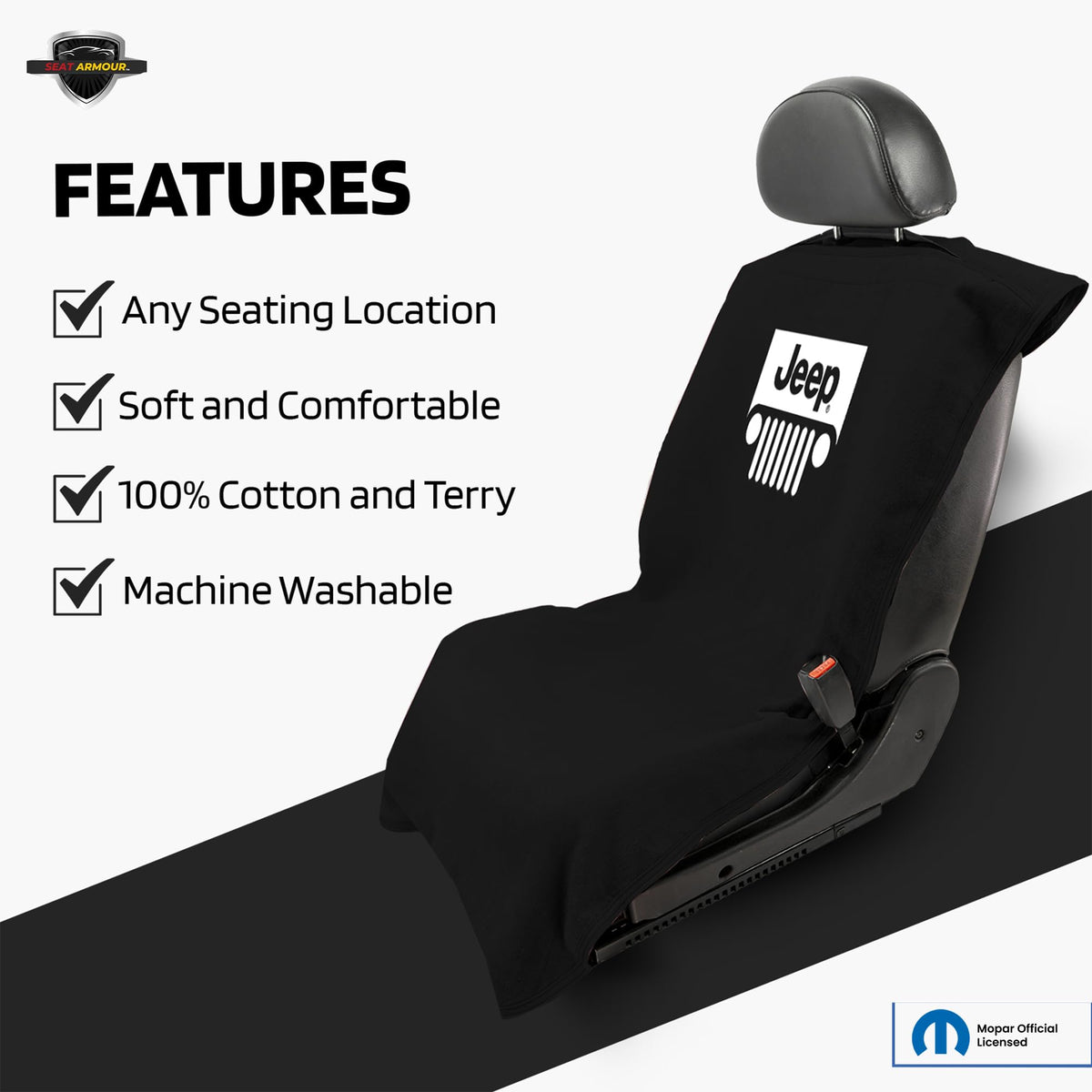 Seat Armour installed on Jeep interior protecting upholstery from dirt and spills