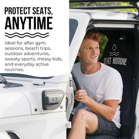 Seat Hoodie on beach towel in a vehicle showing travel-ready convenience
