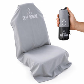Seat Hoodie front packaging showing light grey protector and brand, protecting seats