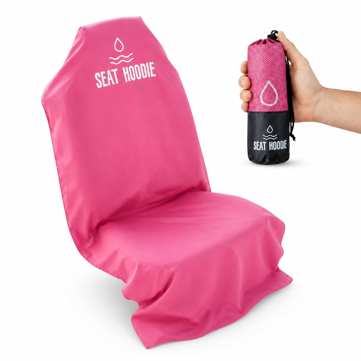 Seat Hoodie front view showing pink cover protecting seat — visible protection benefit