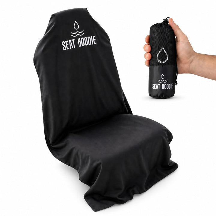 Seat Hoodie front view showing full black hooded seat cover protecting upholstery