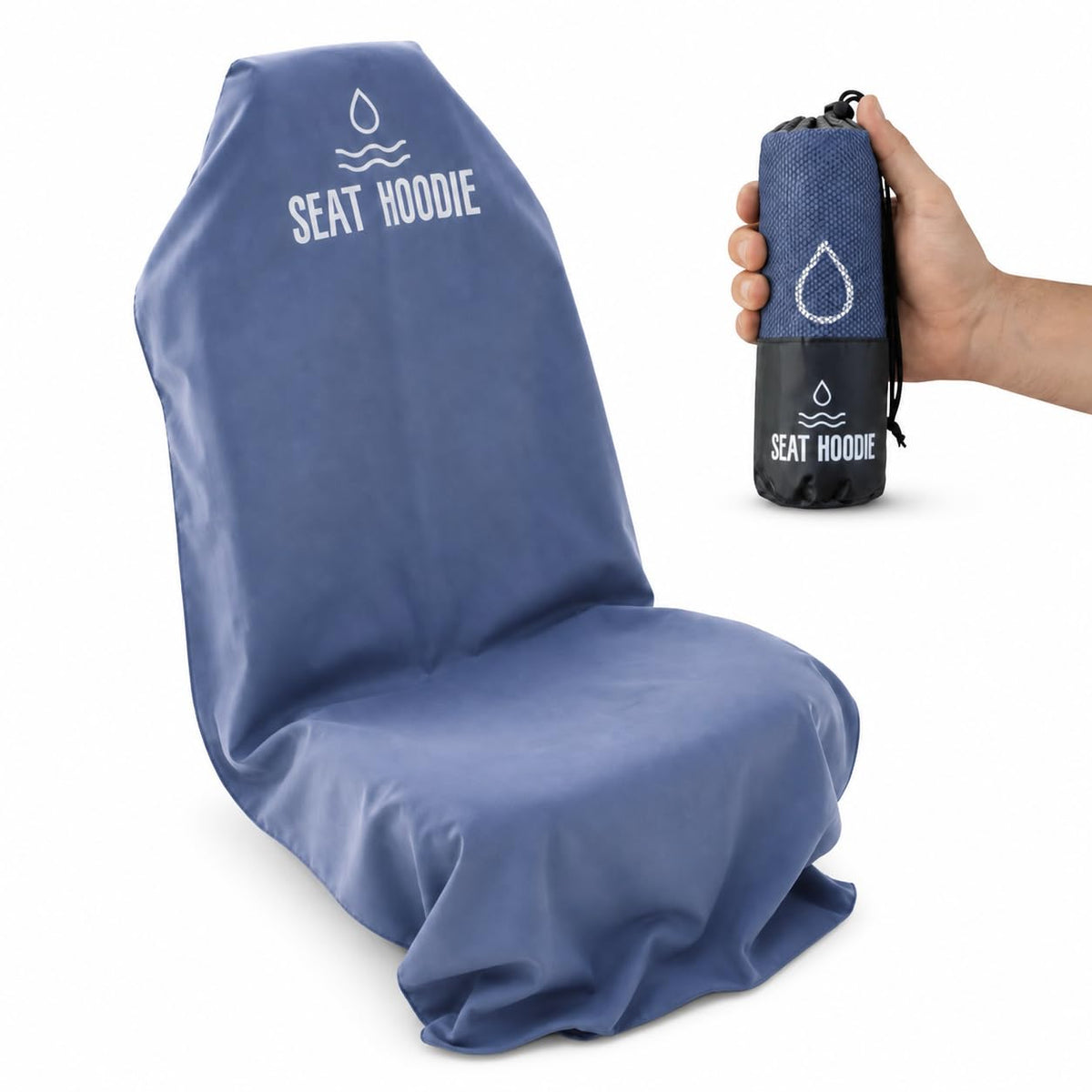 Seat Hoodie front view navy showing full seat coverage and clean protection