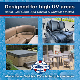 Applying Seat Reviver to a boat seat with a cloth to protect vinyl from UV damage
