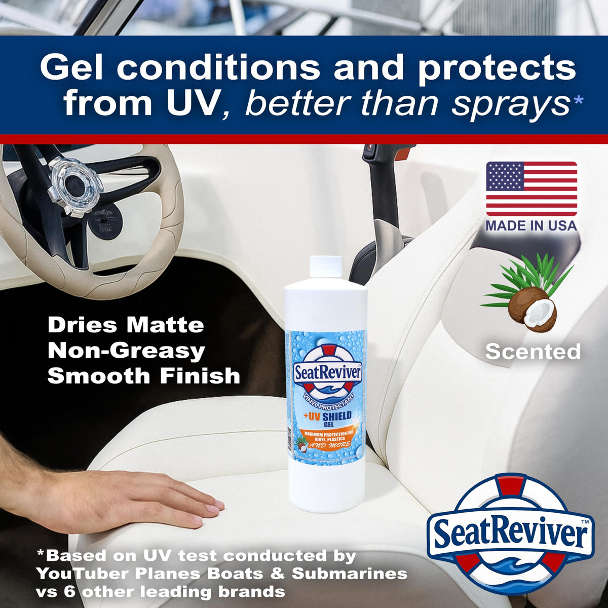 Seat Reviver 32oz bottle next to a spray bottle to show real-world size comparison