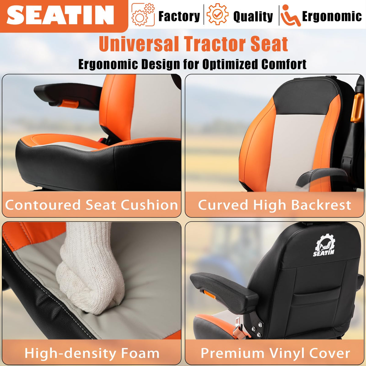 SEATIN mounting rail and bolt pattern illustrating adjustable fitment for many machines