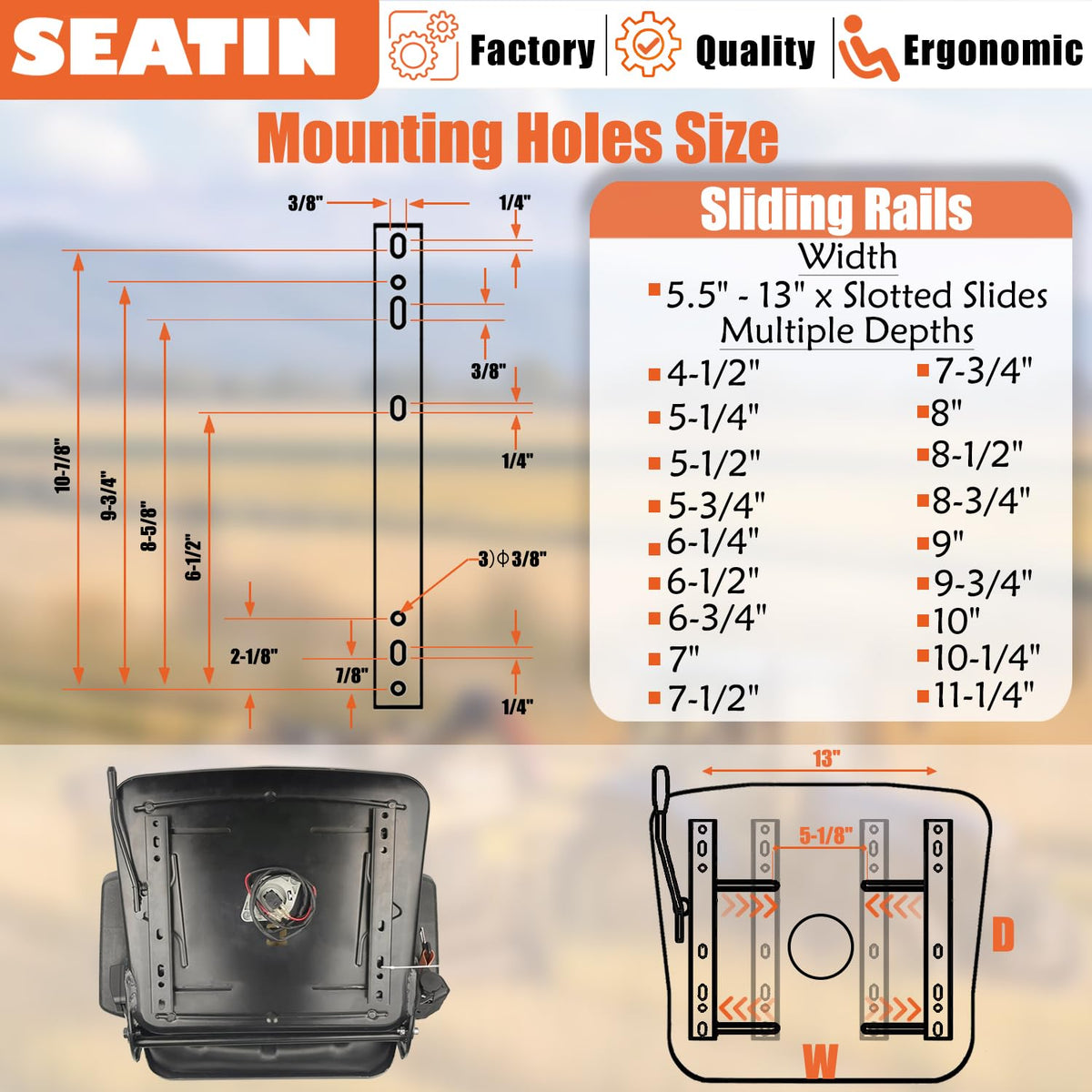 SEATIN mounting rail and hole pattern showing adjustable fit for many machines