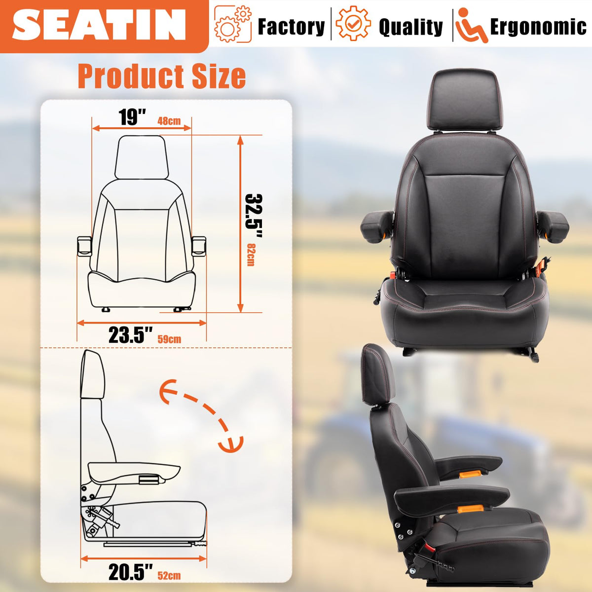 SEATIN side profile showing adjustable armrest and high backrest for better support