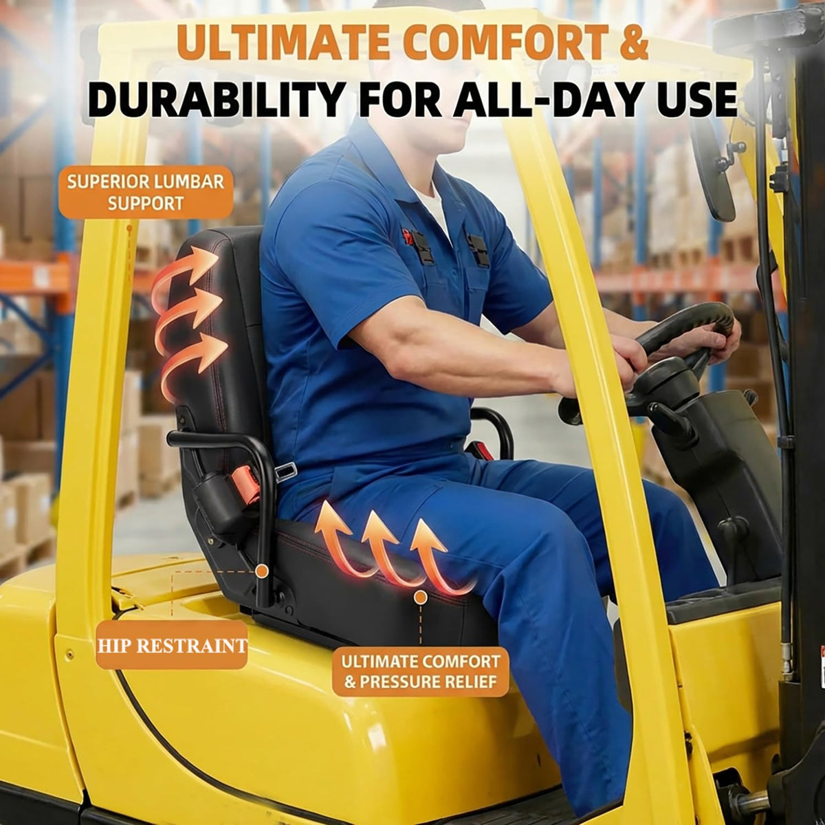 SEATIN side profile highlighting hip restraint and operator security benefit