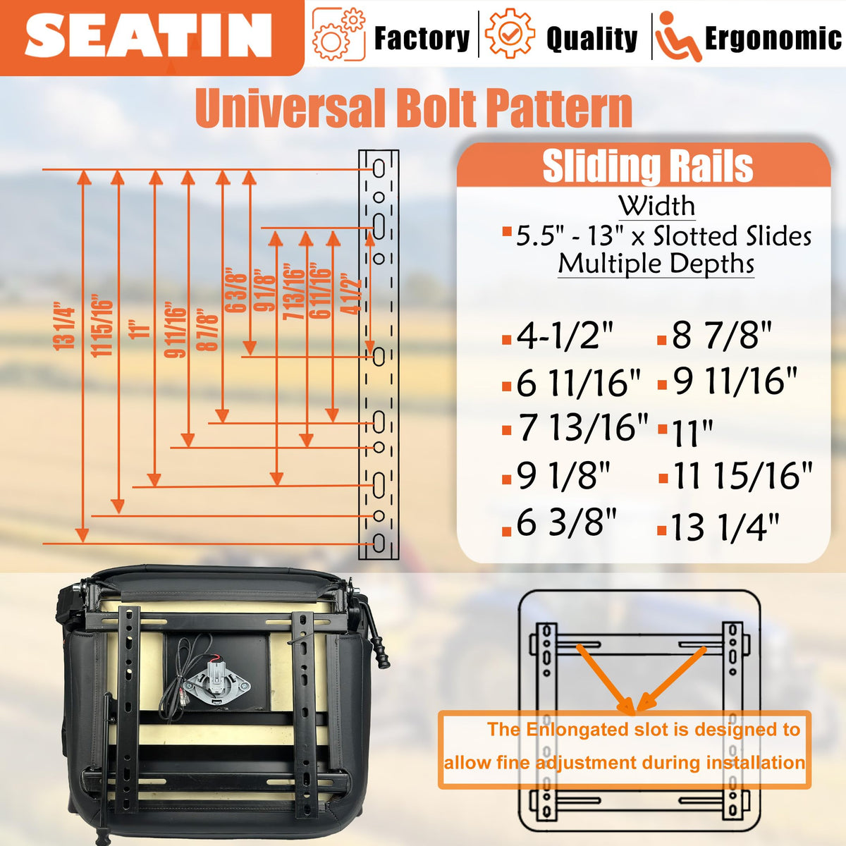 SEATIN next to ruler to show bolt pattern range and sizing clarity