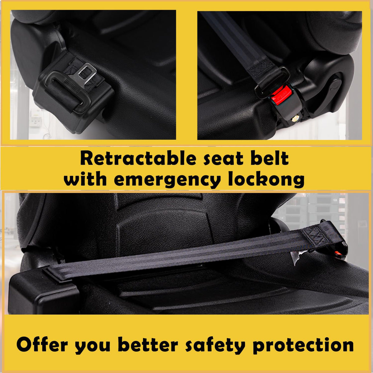 SEATIN wide seat closeup with thick padding for reduced operator fatigue