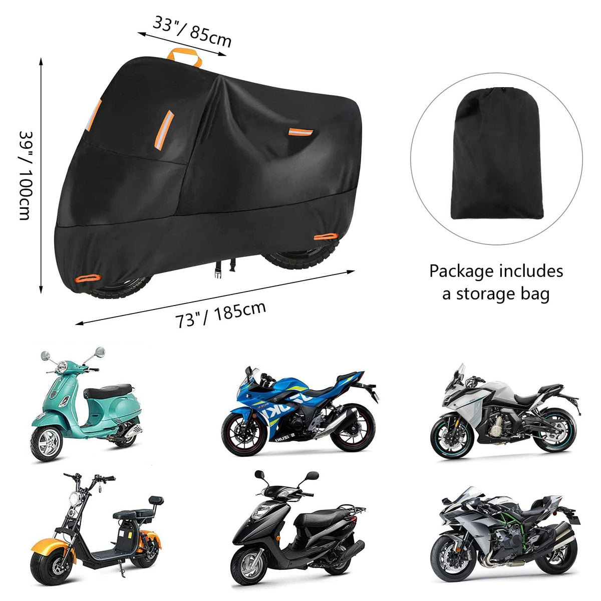 seceles cover fitted on 72 inch scooter showing full weather protection