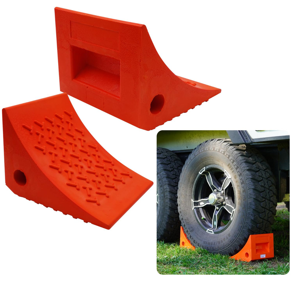 SECURITYMAN front view of two orange wheel chocks showing bright visibility and durability