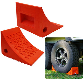 SECURITYMAN front view of two orange wheel chocks showing bright visibility and durability