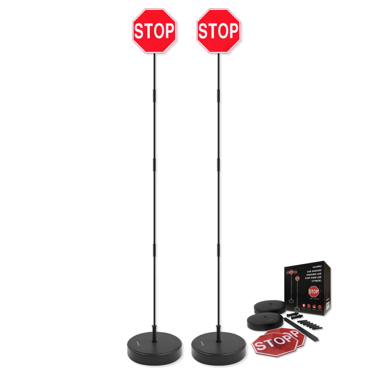 SECURITYMAN front view of two LED stop sign poles showing clear parking guidance