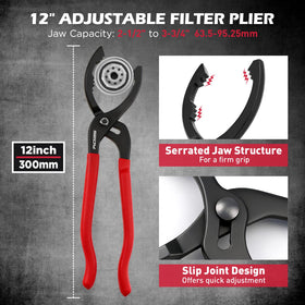 SEDY 12-inch oil filter pliers gripping filter demonstrating reach advantage