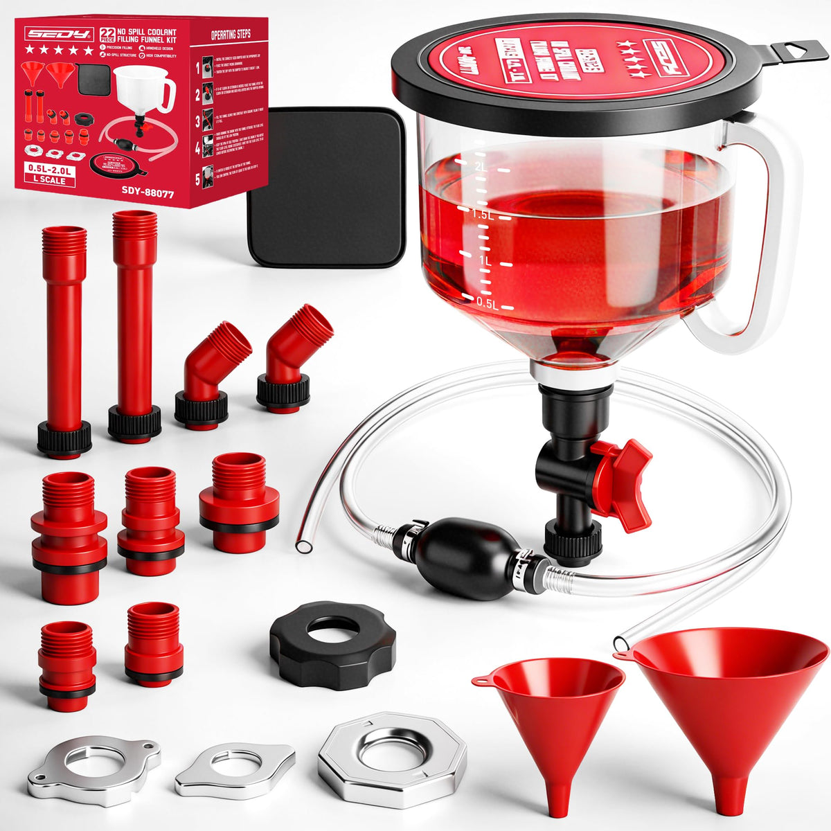 SEDY clear anti-freeze funnel front view showing spill control benefit