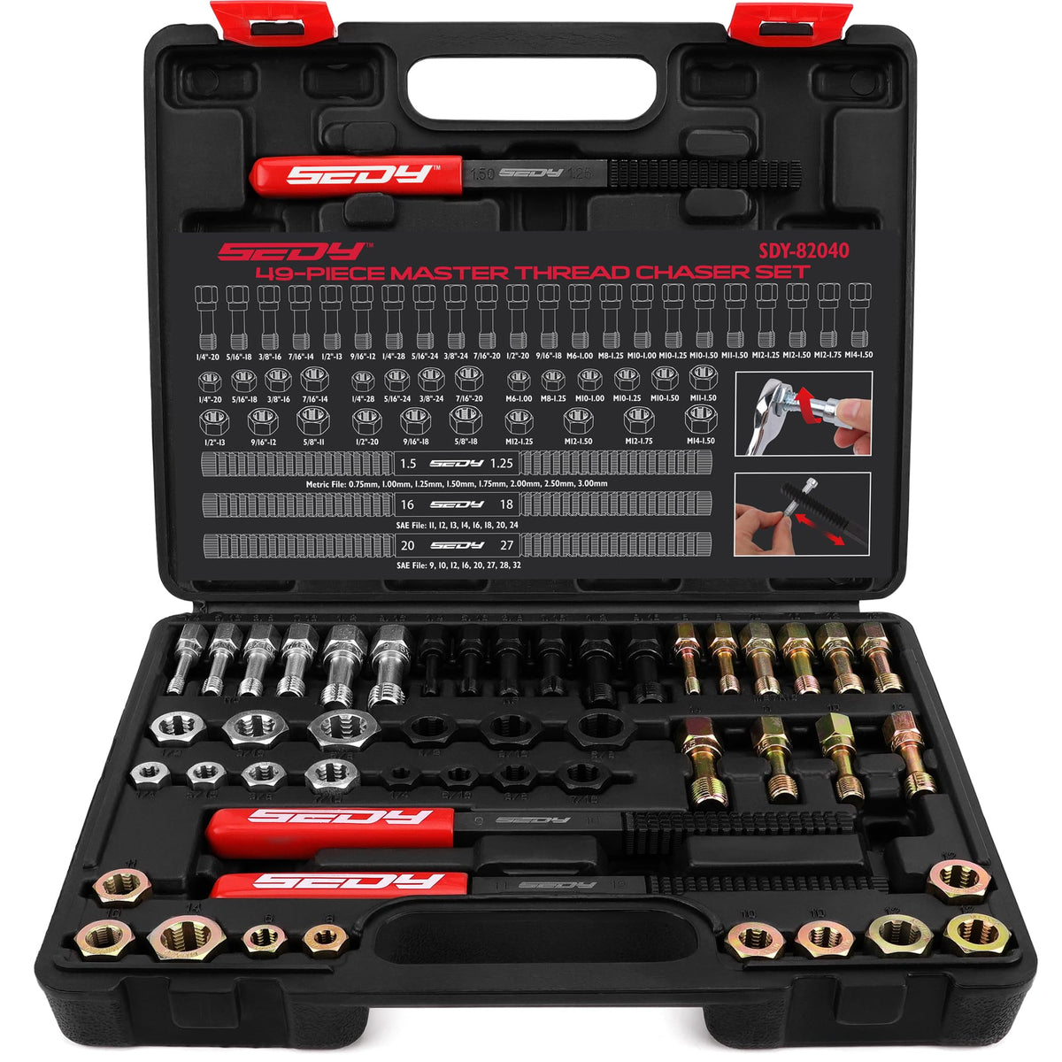 SEDY front case open showing organized 49-piece set for fast selection