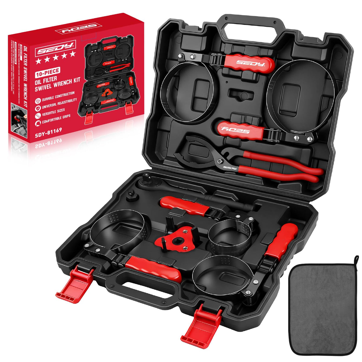 SEDY front packaging case showing full 10-piece kit and storage benefit