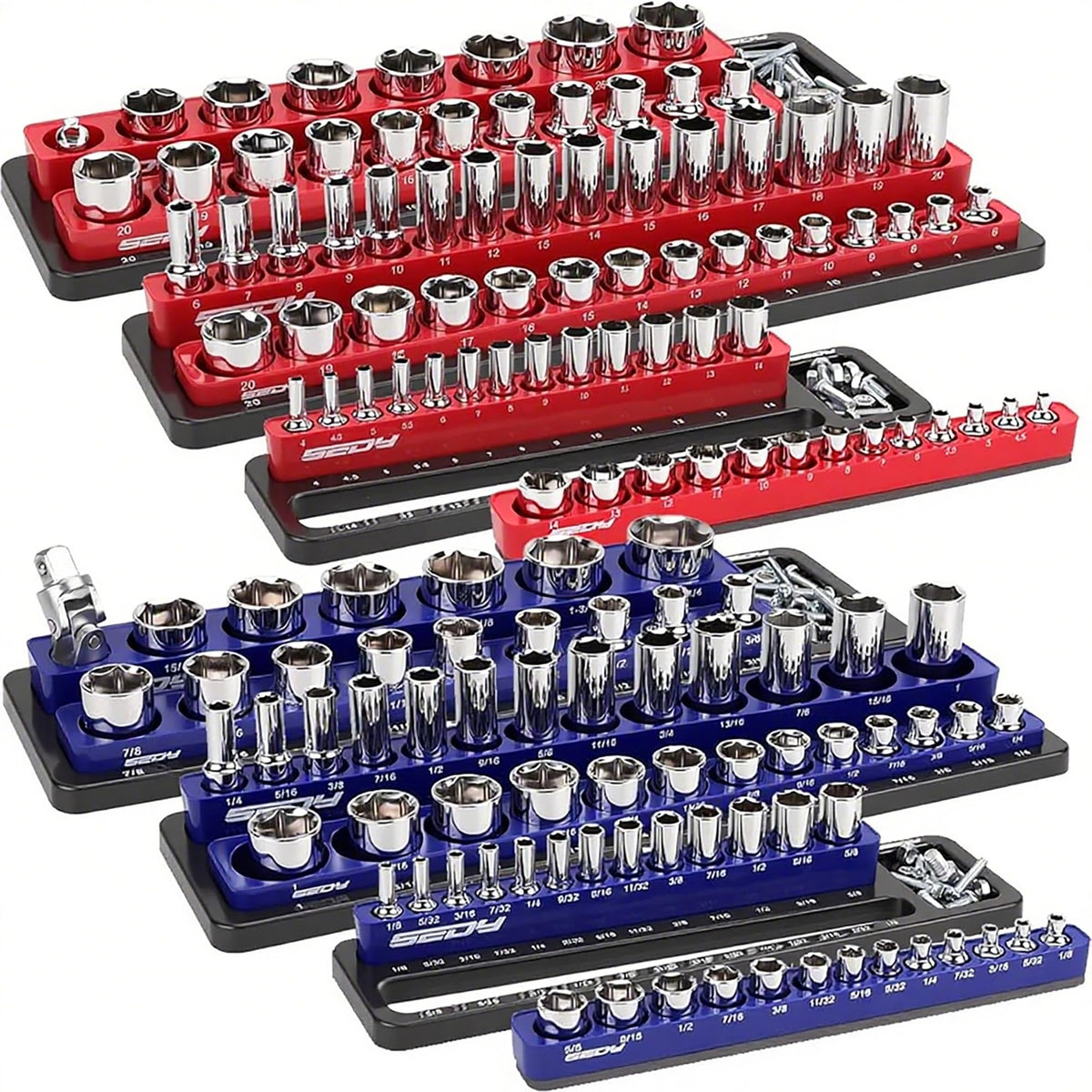 SEDY front packaging showing six-piece magnetic socket organizer and color coding for metric and SAE