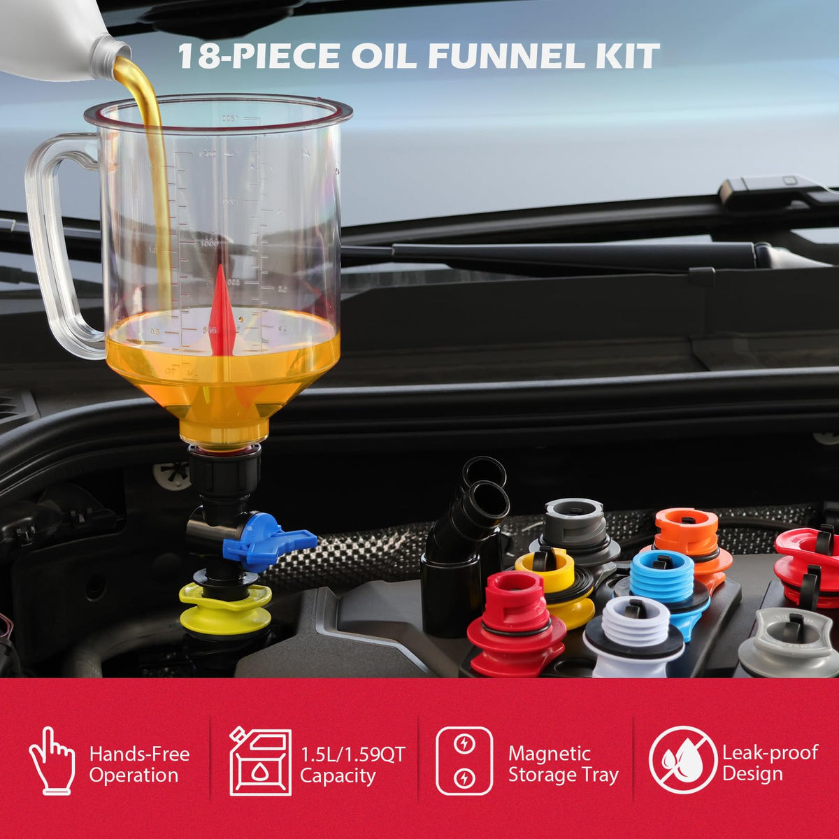 SEDY funnel spout close-up highlighting durable material and drip-free pour benefit