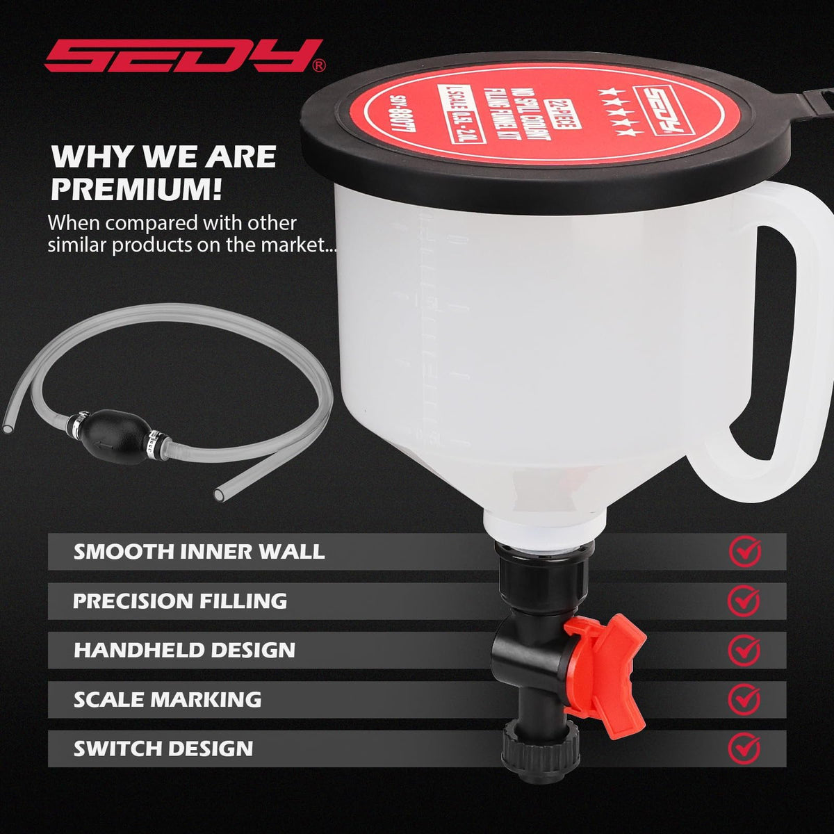 SEDY funnel in use on radiator fill neck showing mess-free filling benefit