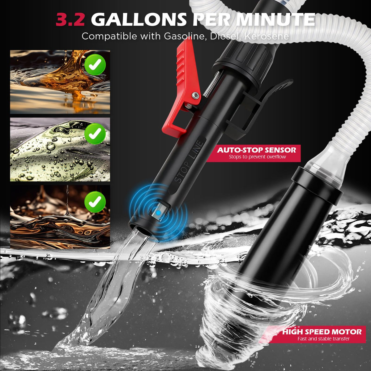 SEDY flexible intake hose extended to reach bottom of cans easily