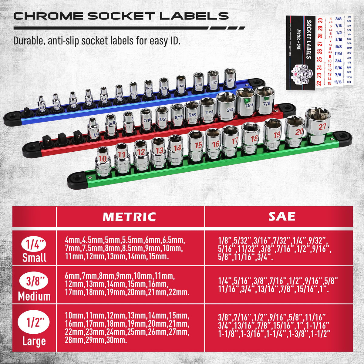 SEDY assorted sockets mounted on a single rail demonstrating mixed-size flexibility