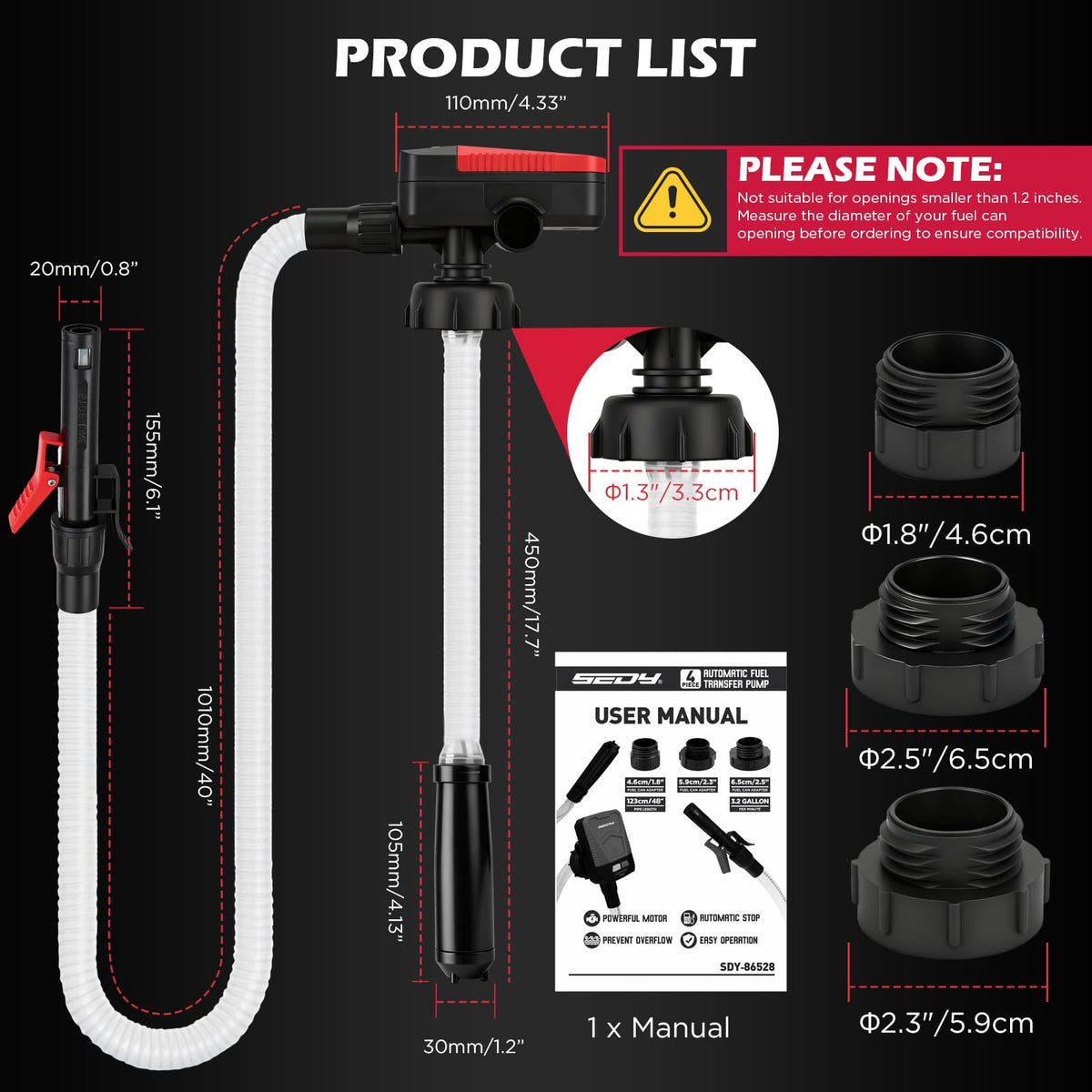 SEDY nozzle and three adapters close-up for secure-fit convenience