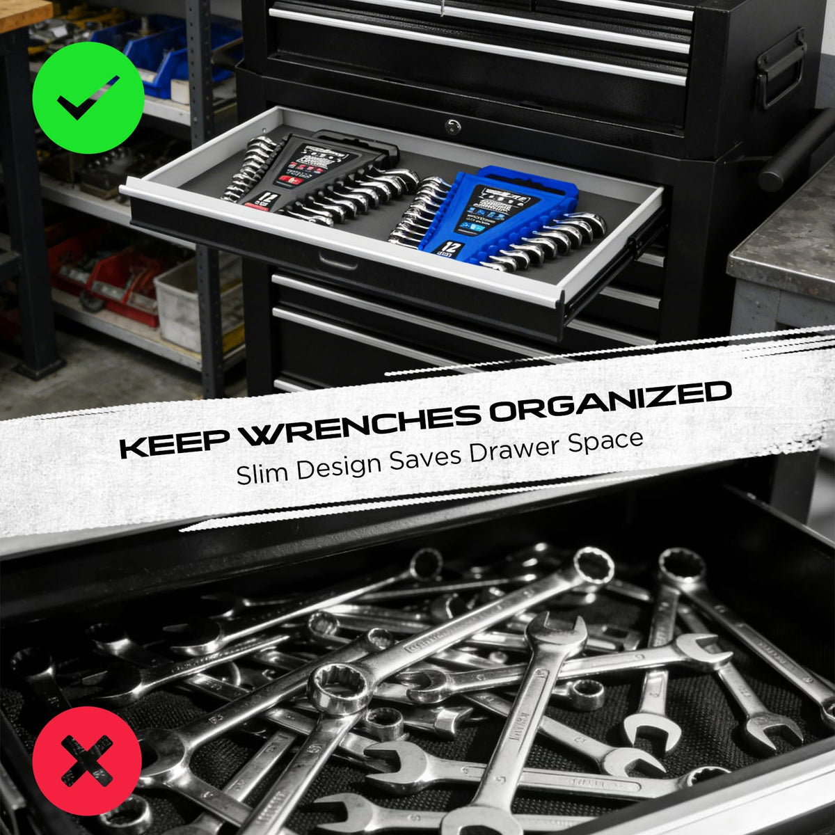 SEDY wrench organizer beside ruler showing compact dimensions for planning