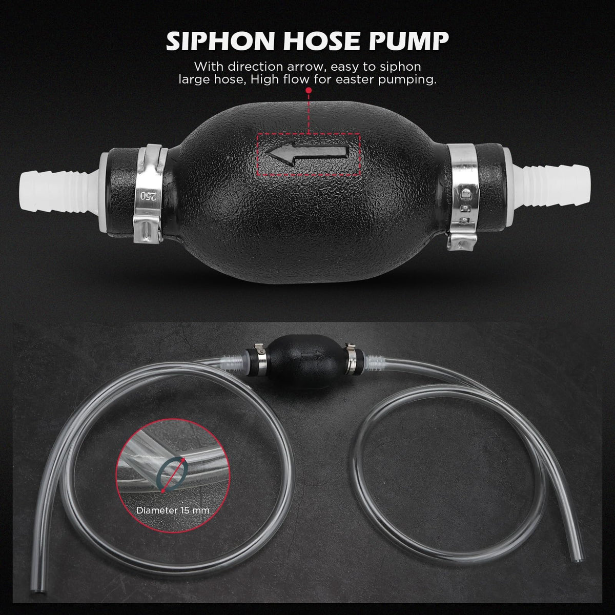 SEDY siphon hand pump with PVC hose demonstrating fast fluid transfer