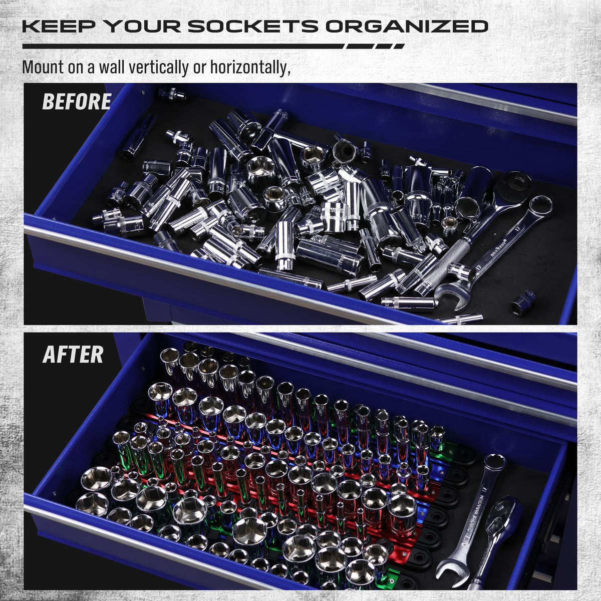 SEDY trays hung on workshop wall hooks showing vertical storage to save workbench space