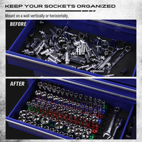 SEDY trays hung on workshop wall hooks showing vertical storage to save workbench space