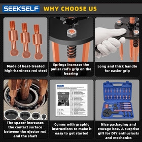 SEEKSELF assembled puller in use removing a blind-hole bearing for safe, controlled extraction